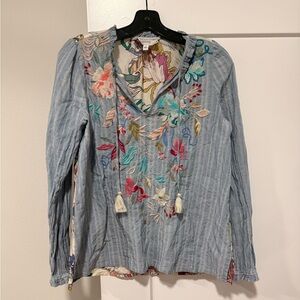 Johnny Was Light Blue Embroidered Blouse